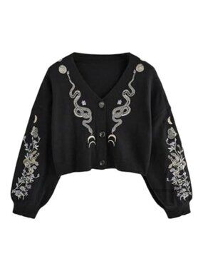 Women's Butterfly Goth Cardigan Boho Floral Cropped Sweater